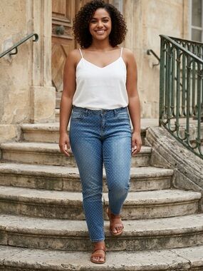 EUC Max Jeans SZ 12 Blue/white polka dot cropped 5 pocket jeans/waist 32”-36”